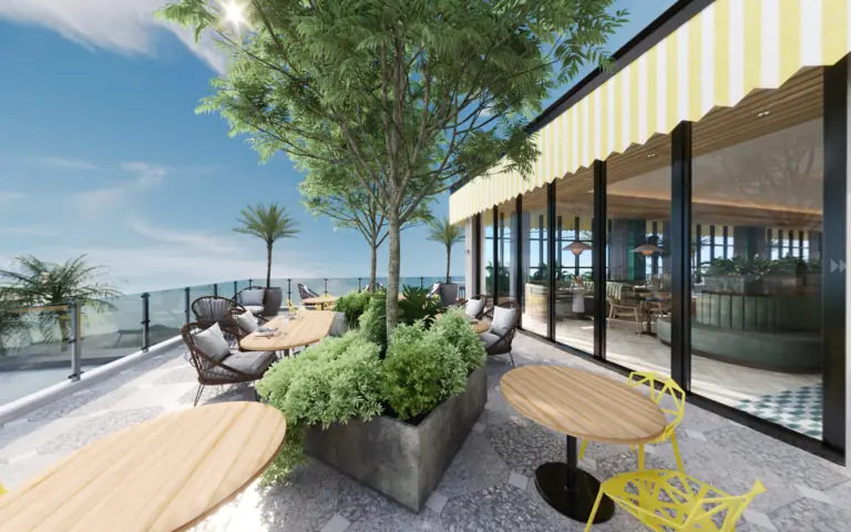 Rendering shows view from rooftop of Moxy hotel with trees in a planter, outdoor furnitue and corner view of the restaurant.
