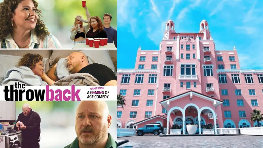 On the left a movie poster for "The Throwback" with stars Will Sasso and Justina Machado. On the right a photo of the pink Don Cesar hotel with blue skies above.