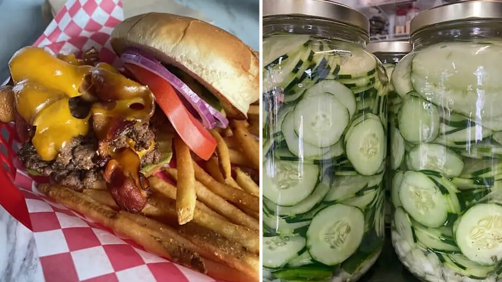 on the left side, a smash burger with fries, on the right big jars of pickles