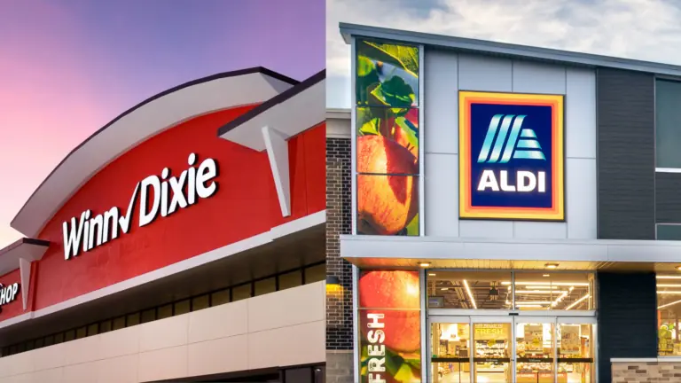 Winn Dixie branding on top of red storefront on the left with color rendering of ALDI store on right.