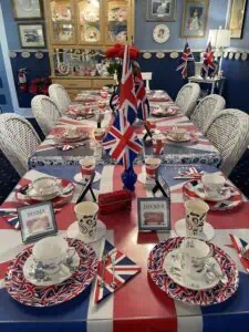 plates arranged on a table with the UK flag represented as the table cloth