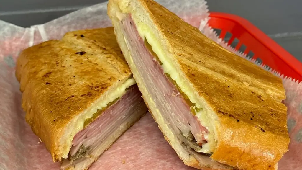 a sandwich on a plate. The bread is pressed and toasted