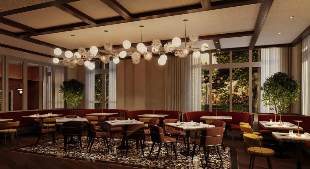rendering of a dining room illuminated at night with expansive seating