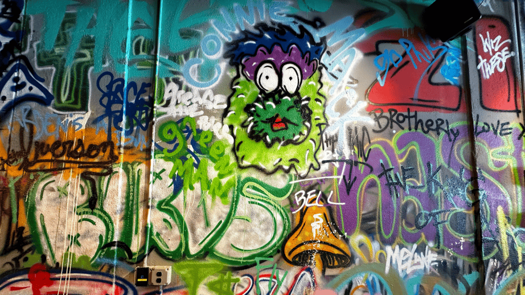 graffiti on the wall featuring a green mascot