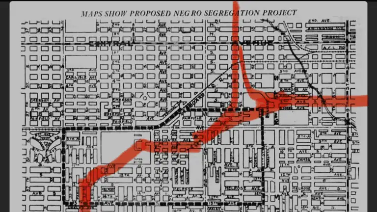 map of St. Pete with red highway proposal drawn over.