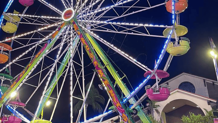 an illuminated ferris wheel in front of a church-like structure