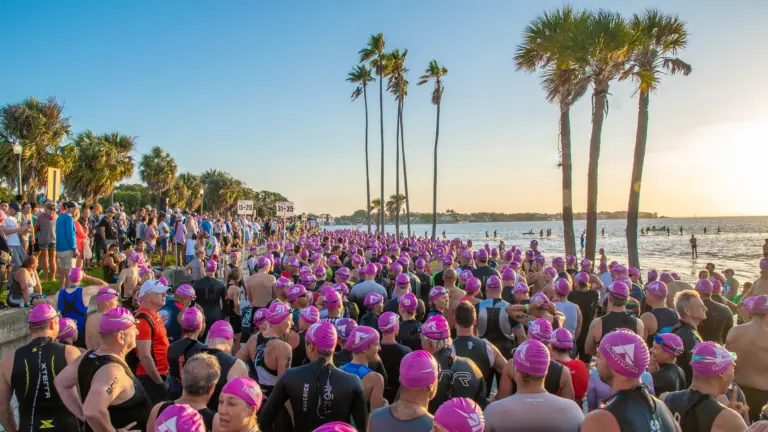 a group of swimmers wearing pink swim caps gather on the water to begin a triathlon at sunrise