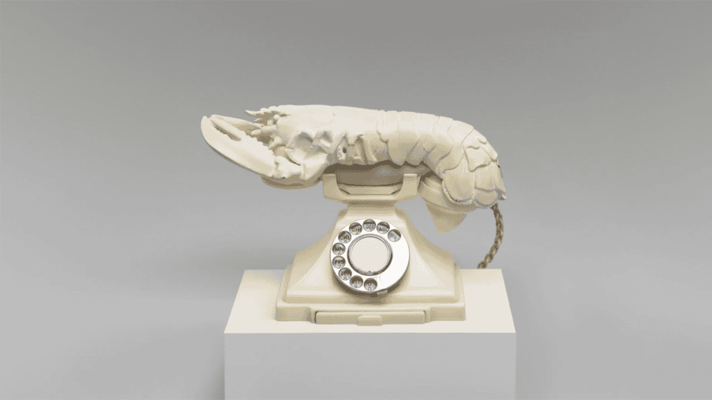 a painted white lobster telephone made famous by the artist by Dali