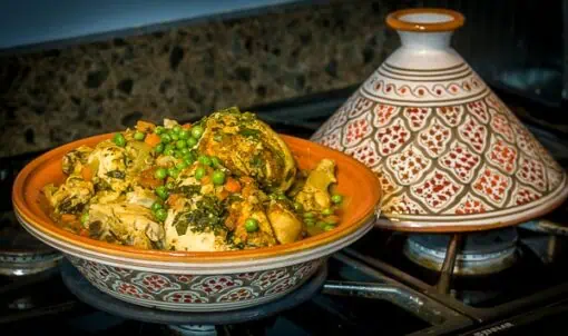 chicken and peas in a Moroccan bowl.