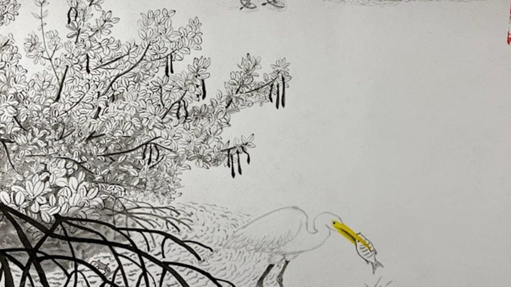 a drawing of a bird perched on some branches