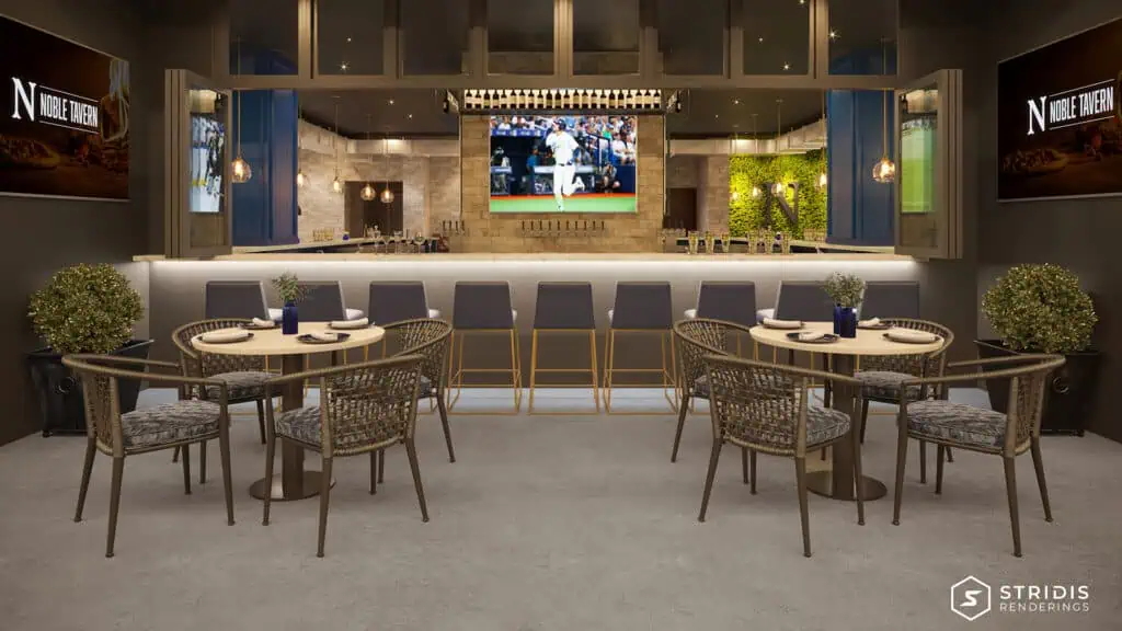 rendering of a sports bar area with a TV on