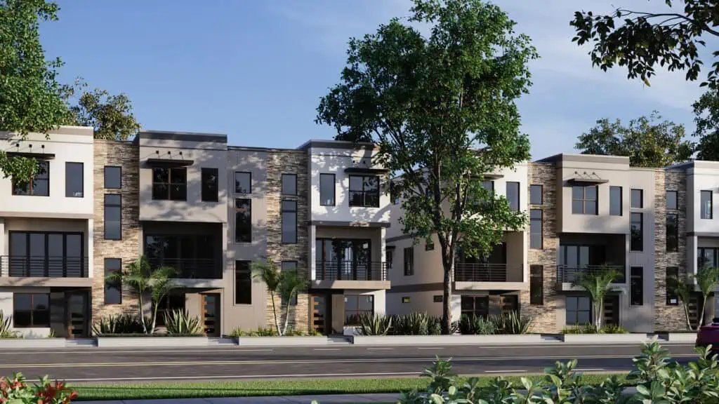Rendering showing facade of imagined townhomes lined with trees and plants