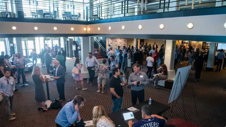 Lobby of Mahaffey Theater filled with people networking