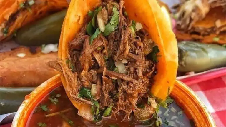 a birria taco being dipped