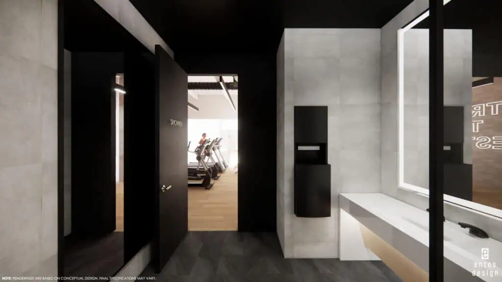 Rendering of modern bathroom looking out to open door with view of fitness room