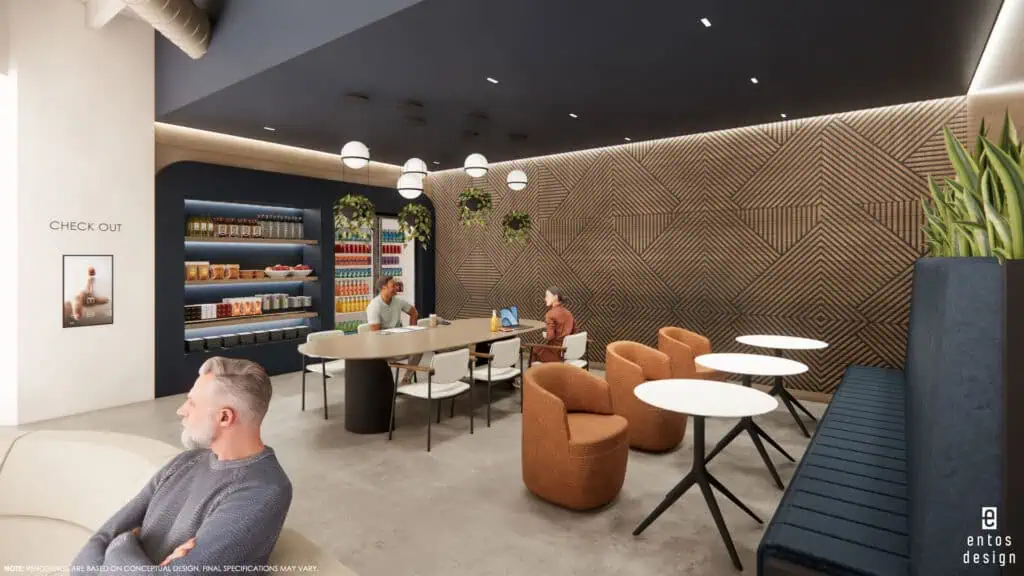 Rendering of lounge with people sitting in a large table with a wall of grab and go food and drinks behind them and bistro tables in the foreground