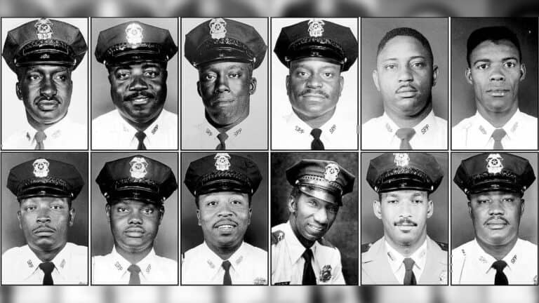 Black and white headshots of the Courageous 12 in police uniform