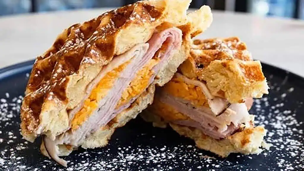 a waffle sandwich filled with turkey, ham and cheese 