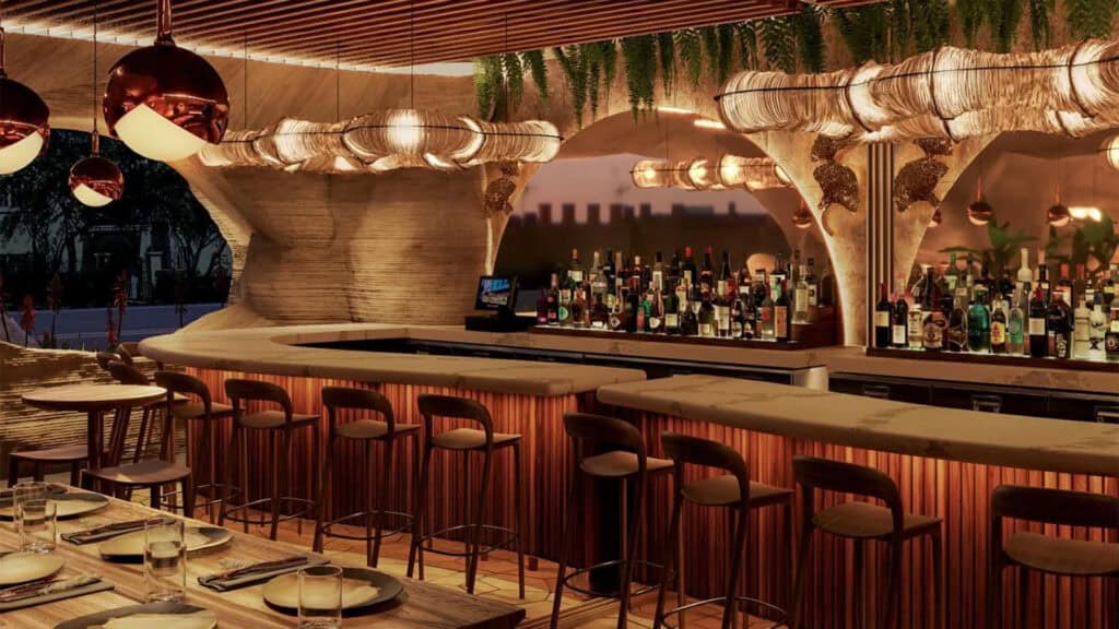 interior rendering of a tall craft cocktail bar