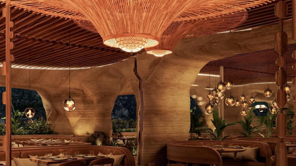 interior rendering of a restaurant with chandelier