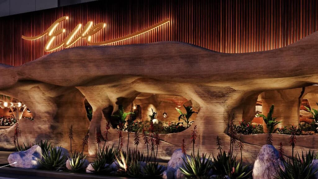 exterior rendering of a restaurant with a cave like exterior