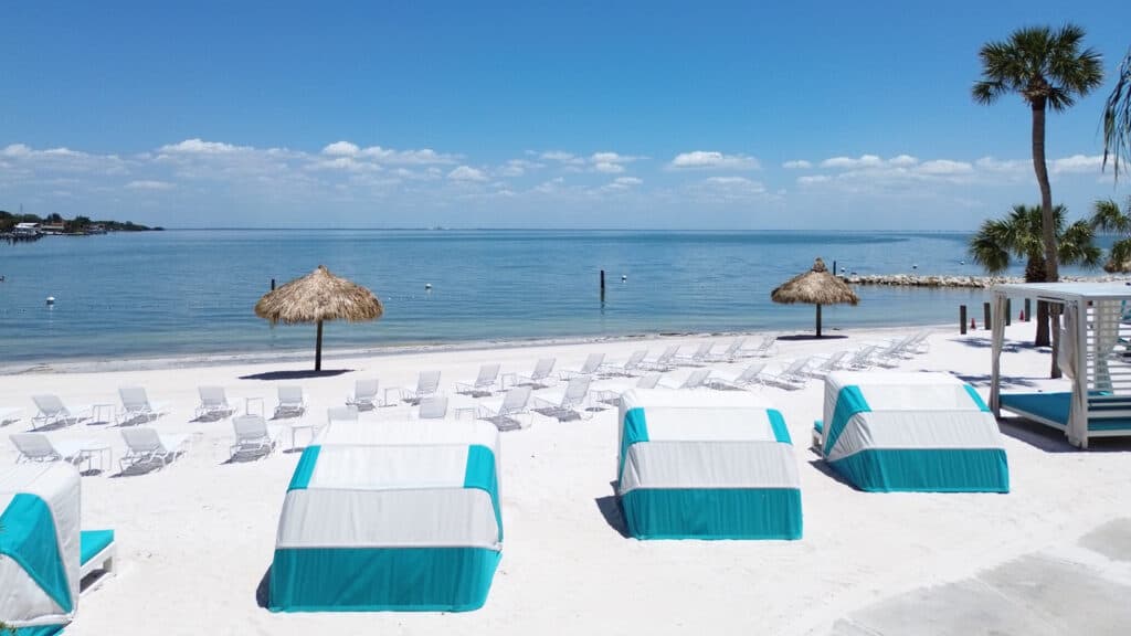 beach view with cabana lounge chairs arranged 