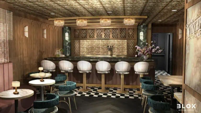 Rendering of The Winfield bar with earthen colored walls, high bar stools and small cocktail tables