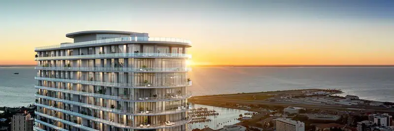 A rendering of the completed top floors of 400 Central with the bay in the background.