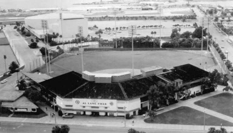 Black and white photo of the original Al Lang Field baseball stadium.