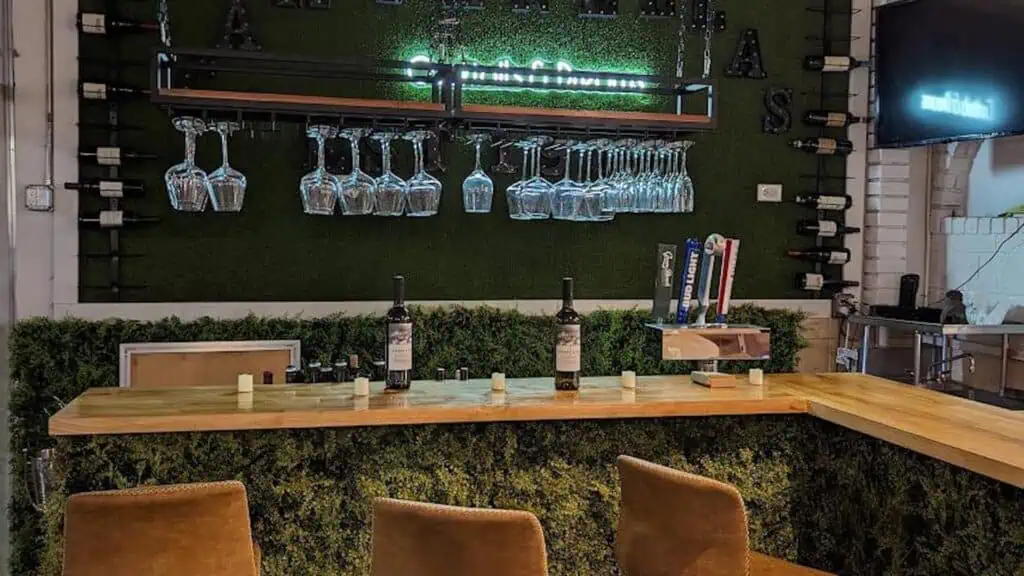 a bar with green moss hanging on the wall