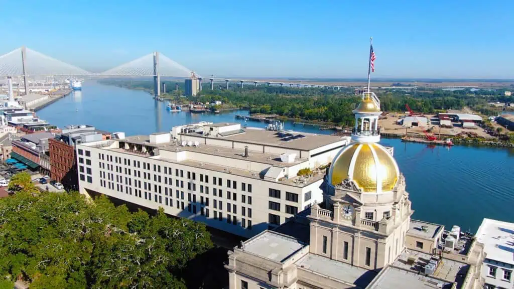 Aerial view of a historic waterfront city