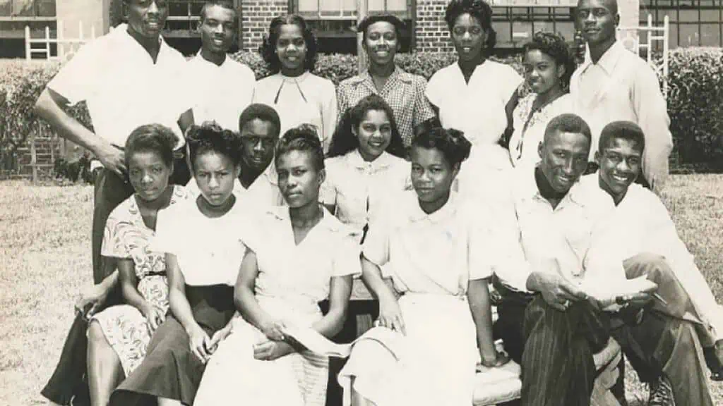 black and white photo of students at a high school 