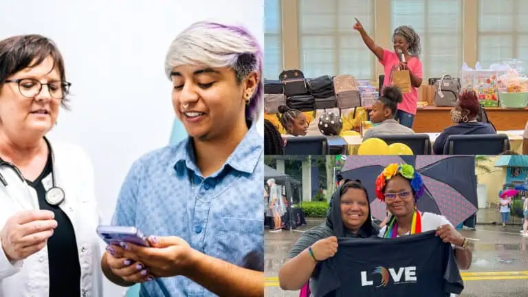3 photos associated with Metro Inclusive Health. On the left, a provider directs a patient how to use TeleHealth, top right a METRO staff is conducting an educational session with mothers to be, and bottom right two persons of color holding a METRO "Love" tshirt at Tampa Pride.