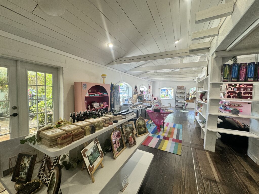 inside a store with shelving and items along shelves