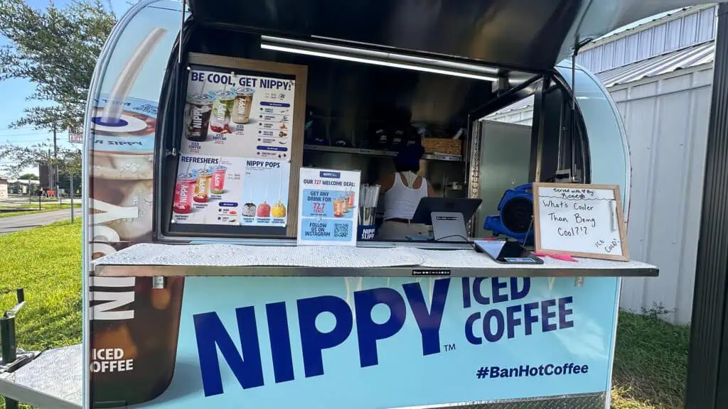 a blue coffee cart 