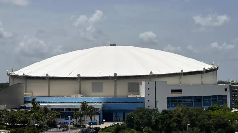 exterior of a large baseball stadium with a white dome over the field