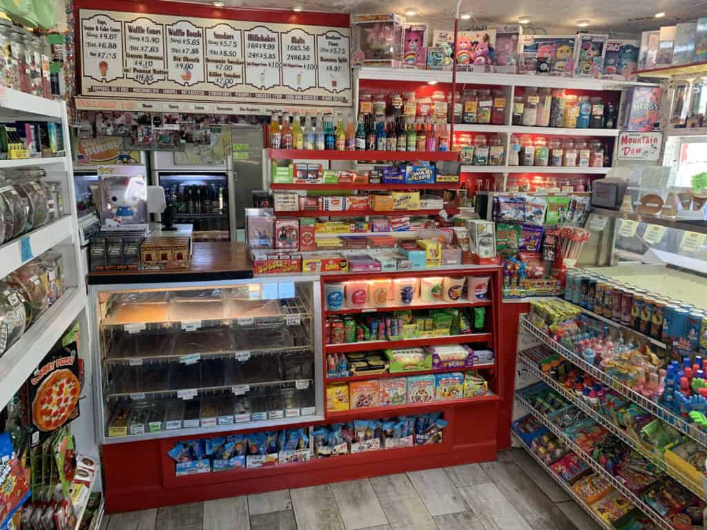 Candies displayed inside a store.