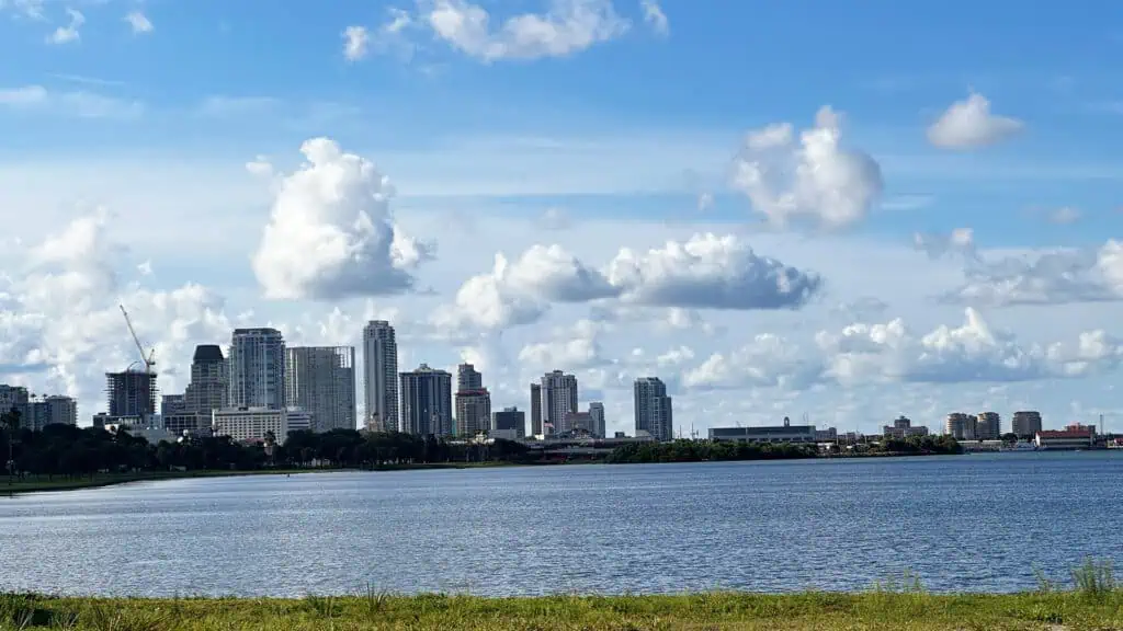 aa skyline with green grass and water in the foreground 