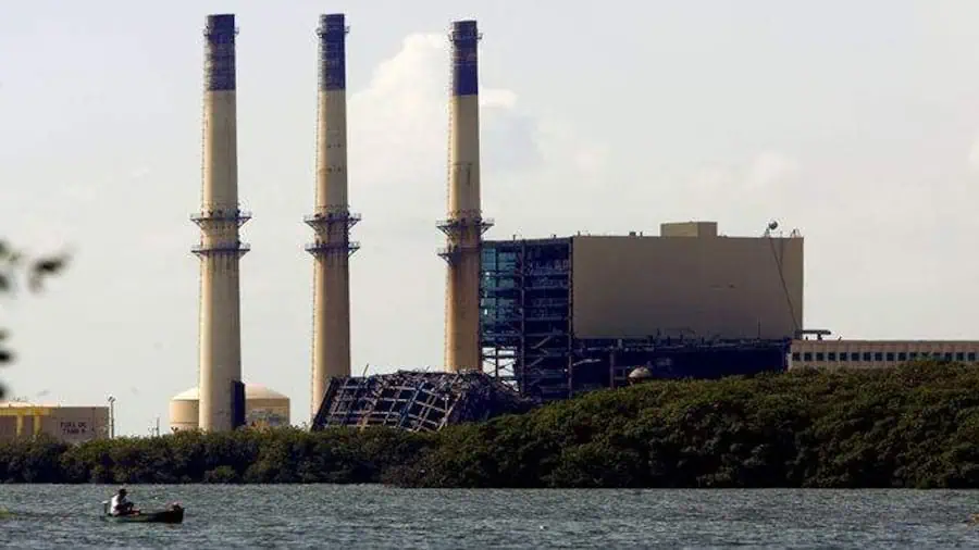 Color photo of smokestacks at the Bartow power plant in Weedon Island. 