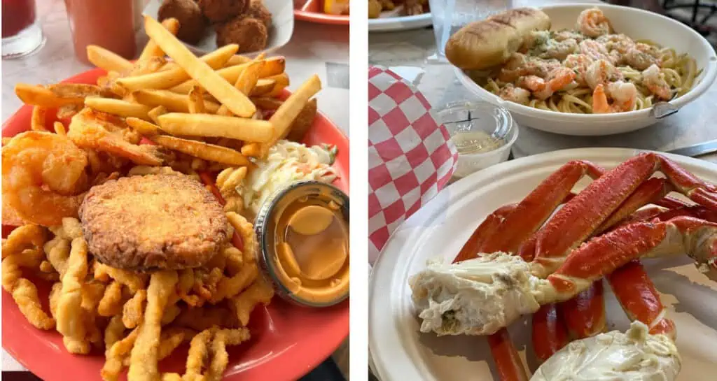 fried seafood and crab legs on plates