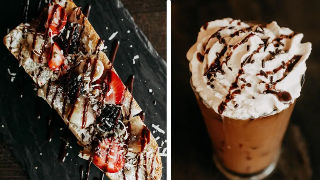 aerial view of toasties and a cup of coffee with whipped cream on top