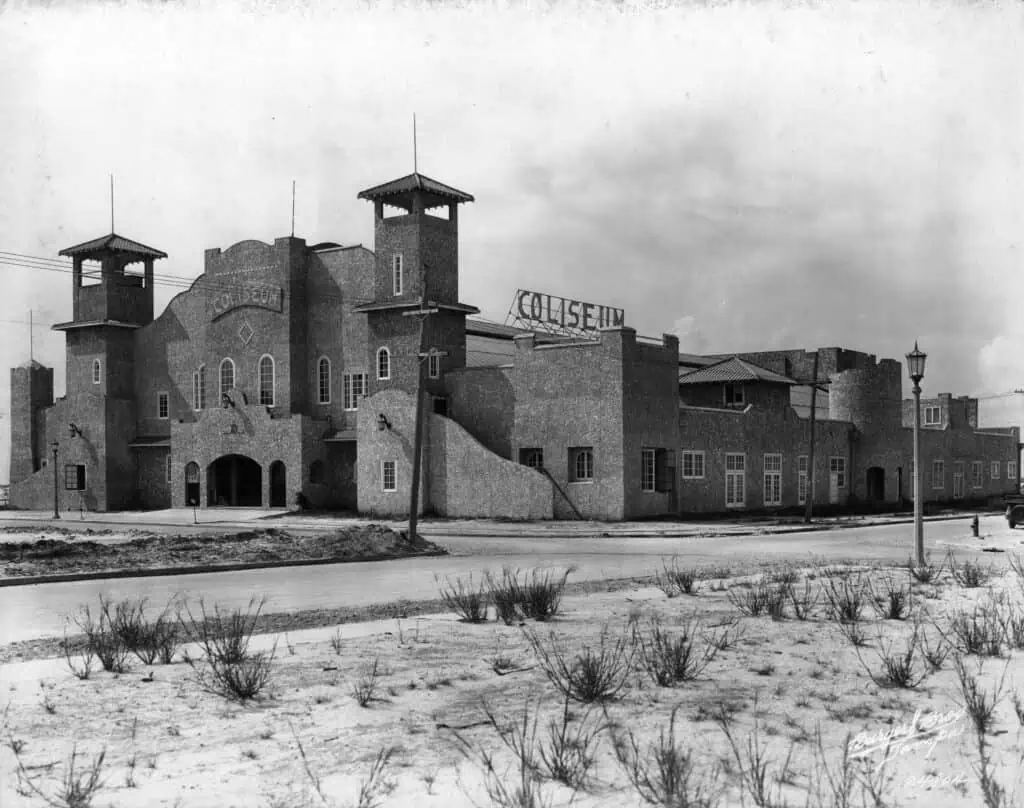 A black and white photo of the Davis Islands Coliseum.