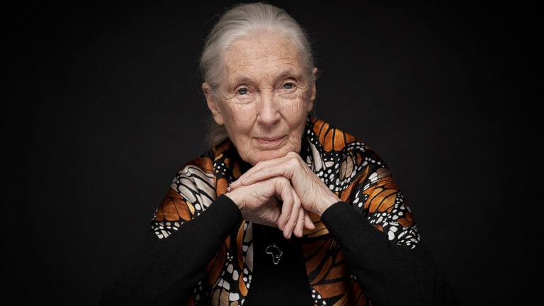 portrait of a woman against a dark background. Her hands are clasped together