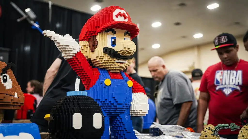 a lego recreation of Super Mario from Nintendo