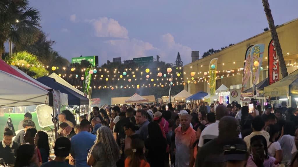 a street food market at night