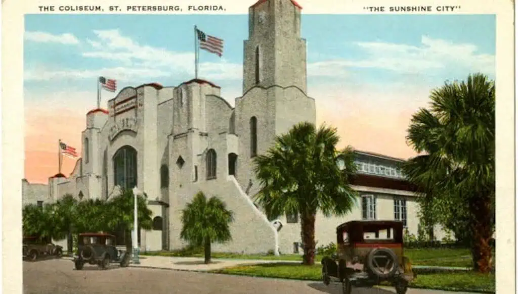 A color postcard of the Coliseum in St. Petersburg, FL.