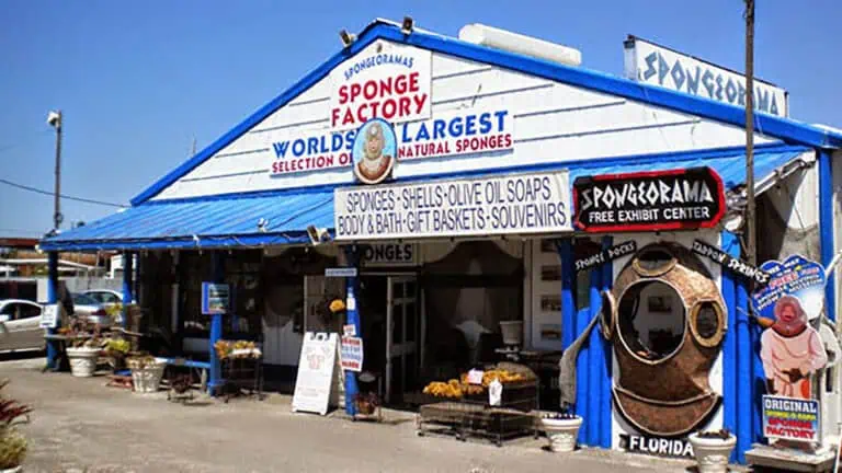 exterior of a white and blue roadside attraction: The Sponge Factory