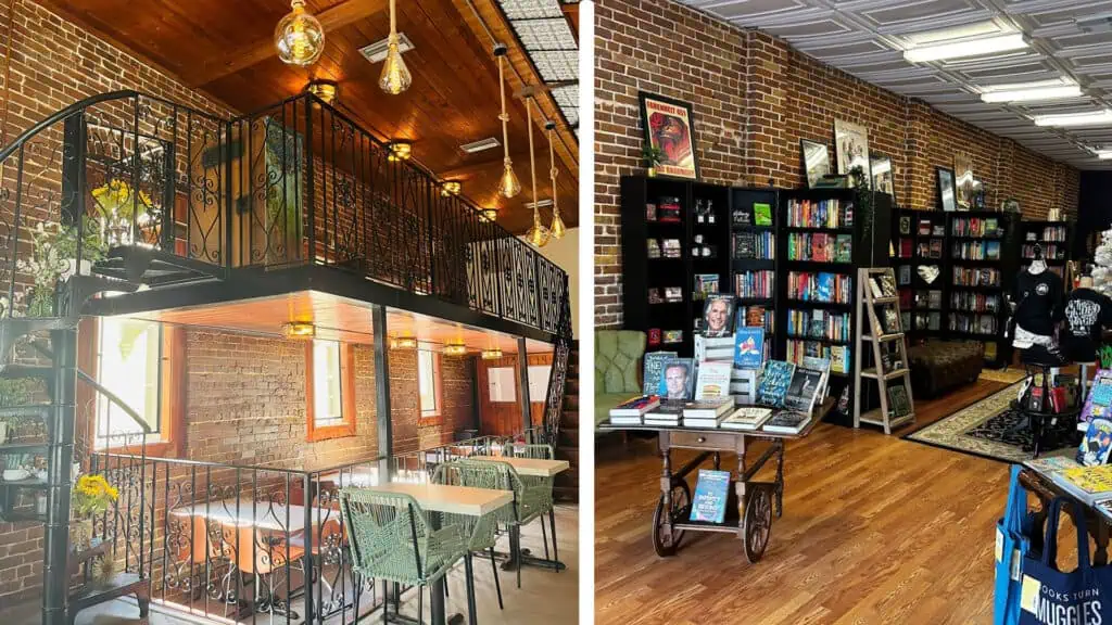 interior of a coffee shop and the inside of an indie bookstore