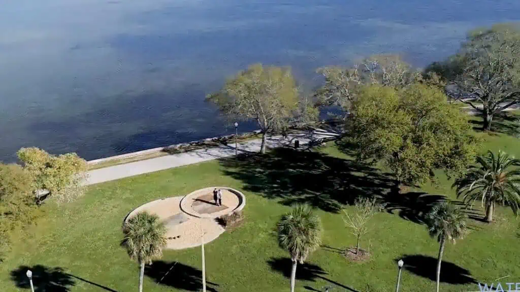 aerial view of a waterfront park 