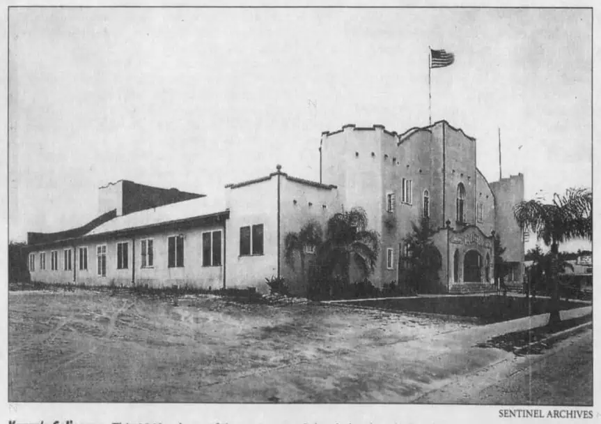 A black and white photo of the Orlando Coliseum.